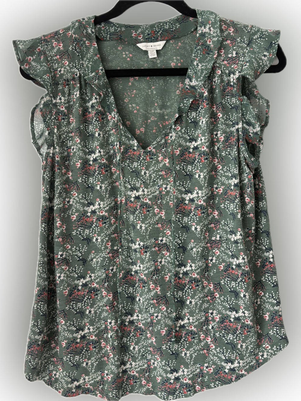Lucky Brand Floral Ruffle Sleeve V-Neck Tie Top Petite/S Sage Green Boho Blouse